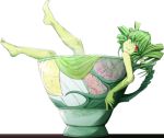  ;) alpha_transparency barefoot commentary cup green_hair green_skin in_container in_cup legs_up looking_at_viewer minigirl monster_girl_encyclopedia nanostar one_eye_closed pointy_ears red_eyes smile solo sylph_(monster_girl_encyclopedia) transparent_background v 