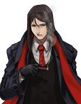  black_gloves black_vest brown_hair cigar coat collared_shirt commentary_request fate/grand_order fate_(series) gloves highres long_hair long_sleeves looking_at_viewer lord_el-melloi_ii male_focus necktie open_clothes open_coat parted_lips shirt simple_background smoke solo upper_body vest waver_velvet white_background white_shirt wing_collar zonotaida 