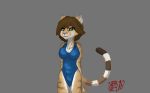  2018 abstract_background anthro big_breasts blush breasts clothed clothing feline female fully_clothed fur hair helia_peppercats_(wrinklynewt) leotard mammal one-piece_swimsuit rubber safe sergej smile solo swimsuit 
