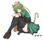  ahoge animal_ears atalanta_(fate) blonde_hair boots cat_ears cat_tail dated eyebrows fate/apocrypha fate/grand_order fate_(series) green_hair knees_to_chest long_hair looking_at_viewer michihasu multicolored_hair smile solo tabard tail thigh_boots thighhighs thighs white_background yellow_eyes 