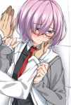  1girl blush commentary_request eyebrows_visible_through_hair fate/grand_order fate_(series) fujimaru_ritsuka_(male) glasses hair_over_one_eye hand_on_another's_cheek hand_on_another's_face hood hoodie mash_kyrielight necktie purple_eyes purple_hair red_neckwear semi-rimless_eyewear shirokuma_a short_hair sleeve_tug solo_focus sweat under-rim_eyewear wall_slam 