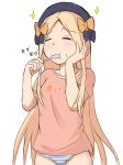  :t abigail_williams_(fate/grand_order) absurdres bangs black_bow black_hat blush bow closed_eyes closed_mouth clothes_writing collarbone commentary_request eyebrows_visible_through_hair facing_viewer fate/grand_order fate_(series) food food_on_face foodgasm forehead hair_bow hand_on_own_cheek hat highres holding holding_spoon long_hair mitchi no_pants orange_bow panties parted_bangs pink_shirt rice rice_on_face shirt short_sleeves simple_background sketch solo sparkle spoon striped striped_panties translated underwear very_long_hair white_background 