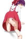  1girl barefoot feet gegege_no_kitarou hair_bow kneeling looking_at_viewer looking_back nekomusume one_leg_raised pantyshot pointy_ears purple_hair soles toes upskirt yellow_eyes 