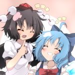  2girls :d ahoge black_hair black_wings blue_hair blush bow bowtie cirno closed_eyes collarbone do_(4-rt) grin hair_bow hat highres ice ice_wings index_finger_raised multiple_girls neck_ribbon open_mouth ribbon shameimaru_aya short_hair smile tokin_hat touhou upper_body wings 