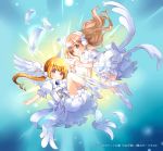  angel angel_wings blonde_hair blue_background blush boots bow bowtie brown_hair closed_mouth commentary_request copyright_request dress feathered_wings feathers floating_hair grey_eyes kuga_tsukasa long_hair looking_at_viewer multiple_girls pinky_swear puffy_short_sleeves puffy_sleeves short_sleeves smile twintails white_dress white_footwear white_neckwear white_wings wings 