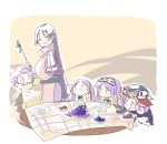  3girls black-framed_eyewear bone chibi color_connection commentary_request euryale fate/grand_order fate_(series) fork hairband hat head_rest heart highres holding holding_fork holding_knife holding_ladle holding_newspaper holding_paper isaac_bou knife ladle lancelot_(fate/grand_order) lolita_hairband long_hair looking_at_another low-tied_long_hair mephistopheles_(fate/grand_order) minamoto_no_raikou_(fate/grand_order) multiple_boys multiple_girls newspaper paper plate purple_blood purple_hair red_hat semi-rimless_eyewear short_hair stheno table tablecloth under-rim_eyewear very_long_hair 