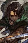  brown_eyes brown_hair brown_jacket cape glint green_cape hankuri holding holding_sword holding_weapon jacket levi_(shingeki_no_kyojin) long_sleeves looking_at_viewer male_focus parted_lips sanpaku shingeki_no_kyojin solo sword upper_body weapon 