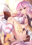  angel_wings ass asymmetrical_legwear bangs black_gloves black_panties blush book breasts bridal_gauntlets commentary elbow_gloves eyebrows_visible_through_hair feathered_wings floating gloves hair_between_eyes halo jibril_(no_game_no_life) kanachirou large_breasts leg_tattoo long_hair looking_at_viewer midriff multicolored_hair no_game_no_life open_book open_mouth panties parted_lips pink_hair sideboob single_sock single_thighhigh smile socks solo striped striped_legwear symbol-shaped_pupils tattoo thighhighs thighs underwear very_long_hair white_legwear wing_ears wings yellow_eyes yellow_footwear 