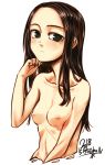  absurdres black_hair blush breasts brown_hair closed_mouth dated fingernails forehead green_eyes hand_up highres kotoba_noriaki looking_at_viewer mole mole_under_eye nipples nude original ringed_eyes signature simple_background small_breasts upper_body white_background 