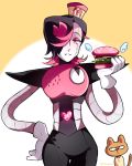  black_hair burgerpants cat eyeshadow flipped_hair food gloves hair_over_one_eye hamburger hand_on_hip hat heart holding holding_food lettuce looking_at_another looking_at_viewer makeup male_focus mettaton_ex mini_hat multicolored_hair multiple_boys onion pink_eyes pink_hair short_hair sparkle tomato twitter_username two-tone_hair undertale white_background white_gloves white_wings wings yukiblue 