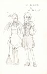  :d alternate_costume apron bat_wings braid broom cosplay costume_switch dress enmaided full_body graphite_(medium) greyscale hair_ribbon hands_on_hips head_wings highres izayoi_sakuya izayoi_sakuya_(cosplay) juliet_sleeves koakuma koakuma_(cosplay) long_hair long_sleeves looking_at_another maid maid_headdress monochrome multiple_girls necktie open_mouth puffy_sleeves red_hair ribbon semei_(skylarkmei) shoes short_hair sidelocks simple_background skirt skirt_set smile thighhighs touhou traditional_media translation_request tress_ribbon twin_braids vest waist_apron white_background wings 