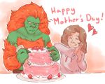  &lt;3 blanka cake capcom food fruit green_skin hair holidays human mammal monster mother mother&#039;s_day mother_and_son not_furry orange_hair parent samantha_(street_fighter) son strawberry street_fighter sweat unknown_artist video_games 