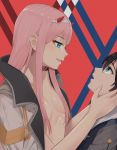  1girl applepie_(12711019) bangs black_hair blue_eyes coat commentary couple darling_in_the_franxx eyebrows_visible_through_hair facing_another green_eyes hair_ornament hairband hands_on_another's_face hetero highres hiro_(darling_in_the_franxx) horns jacket_on_shoulders lipstick long_hair looking_at_another makeup military military_uniform no_bra oni_horns open_clothes pink_hair red_horns shirtless tongue tongue_out uniform white_coat white_hairband zero_two_(darling_in_the_franxx) 