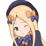  abigail_williams_(fate/grand_order) bangs black_bow black_dress black_hat blonde_hair blue_eyes blush bow closed_mouth dress eyebrows_visible_through_hair fate/grand_order fate_(series) forehead hair_bow hat head_tilt long_hair mitchi o3o one_eye_closed orange_bow parted_bangs polka_dot polka_dot_bow simple_background solo sweat very_long_hair white_background 