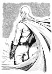  asutora bald bodysuit cape closed_mouth commentary costume from_behind gloves greyscale highres male_focus monochrome one-punch_man saitama_(one-punch_man) solo standing 