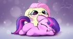  2015 abstract_background aged_down baby bite blush chibi cute duo ear_biting equine eyebrows eyelashes eyes_closed female feral floppy_ears fluttershy_(mlp) friendship_is_magic fur hair happy hi_res hooves horn lying mammal multicolored_hair my_little_pony nibbling nom nude on_side on_top open_mouth open_smile pink_hair shadow signature smile sverre93 teal_eyes tongue twilight_sparkle_(mlp) unicorn young 