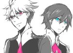  2boys blue_eyes darling_in_the_franxx glasses gorou_(darling_in_the_franxx) hiro_(darling_in_the_franxx) kirkland_rein male_focus military military_uniform monochrome multiple_boys necktie pink_eyes pink_neckwear short_hair uniform 