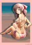  ass bikini breasts brown_hair commentary_request harukaze_(kantai_collection) kantai_collection looking_at_viewer mokerou red_eyes solo swimsuit tan tanline undressing 