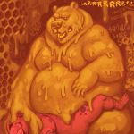  2018 anthro anthro_on_anthro belly body_hair chest_hair dramamine duo eyes_closed food_creature goo_creature honey leg_hair male male/male mammal moobs nipples nude open_mouth overweight overweight_male porcine questionable_consent sound_effects tattoo ursine 