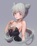  1girl :p caesty choker cleavage double_bun female grey_background looking_at_viewer original paw_pose silver_hair simple_background solo strapless tongue_out 