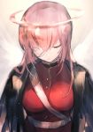  bandage_over_one_eye bandages breasts closed_eyes commentary fate/grand_order fate_(series) florence_nightingale_(fate/grand_order) hair_between_eyes halo jacket jacket_on_shoulders large_breasts looking_down maon_(vava0210) military military_uniform paisura pink_hair strap uniform 