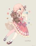  aqua_eyes bow character_name dress floral_background food gothic_wa_mahou_otome hair_bow holding holding_stuffed_animal looking_at_viewer macaron one_eye_closed open_mouth pink_hair red_bow red_dress rento_(rukeai) short_hair smile smole solo souffle_(gothic_wa_mahou_otome) striped stuffed_animal stuffed_toy teddy_bear vertical_stripes 