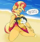  anthro anthrofied appelknekten beach big_breasts bracelet breasts dialogue english_text equestria_girls equine female flashing hair hand_on_thigh horn jewelry kneeling looking_at_viewer mammal multicolored_hair my_little_pony navel nipple_bulge open_mouth outside pendant pussy seaside solo sunset_shimmer_(eg) text thick_thighs unicorn 