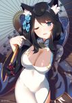  :3 alternate_costume animal_ears azur_lane black_hair breasts china_dress chinese_clothes cleavage dress flower fusou_(azur_lane) hair_flower hair_ornament hand_up highres holding large_breasts long_hair long_sleeves looking_at_viewer one_eye_closed oriental_umbrella parted_lips smile solo takashiru twitter_username umbrella white_dress wide_sleeves 