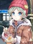  asutora beanie blue_eyes breath brown_coat coat commentary_request copyright_request fingernails food food_request fork fur_trim green_hair hat hat_pin highres holding holding_food holding_fork long_sleeves looking_at_viewer outdoors parted_lips short_hair smiley_face solo upper_body 