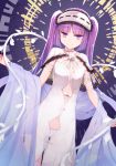  bow breasts commentary_request fate/grand_order fate_(series) hairband halo highres lolita_hairband long_hair looking_at_viewer panties pink_panties purple_eyes purple_hair redb see-through small_breasts smile solo star stheno twintails underwear veil very_long_hair white_bow 