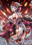  ahoge ass breasts dual_wielding elbow_gloves fire from_behind gatling_gun gloves headgear holding large_breasts legs_together leotard long_hair looking_at_viewer looking_back low_twintails lyrical_denko open_mouth purple_eyes red_legwear senki_zesshou_symphogear silver_hair solo standing teeth thighhighs twintails very_long_hair yukine_chris 