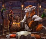  2018 5_fingers anthro canine detailed_background digital_media_(artwork) feline fish fox fur green_eyes hair holding_object lion mammal marine orange_fur orange_hair red_hair sergal shark sitting smile standing tavern teeth thanshuhai white_fur 