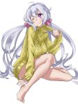  ahoge bare_legs blush breasts eyebrows_visible_through_hair full_body hair_between_eyes hair_ornament hair_scrunchie large_breasts long_hair long_sleeves low_twintails lyrical_denko one_eye_closed pink_scrunchie purple_eyes scrunchie senki_zesshou_symphogear silver_hair simple_background sitting smile solo sweater toes turtleneck turtleneck_sweater twintails very_long_hair white_background yellow_sweater yukine_chris 