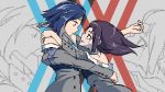  blue_hair blush commentary_request crying darling_in_the_franxx face-to-face hug ichigo_(darling_in_the_franxx) ikuno_(darling_in_the_franxx) kannazuki_no_miko looking_at_another lowres miko_embrace military military_uniform multiple_girls off_shoulder parody pixel_art purple_hair tears uniform youkaip yuri zoom_layer 