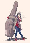  :o bangs blue_pants blunt_bangs hat instrument_case jacket long_hair looking_at_viewer original pants pink_background plaid plaid_scarf pomodorosa red_footwear scarf solo standing string_base sweater translation_request white_hat 