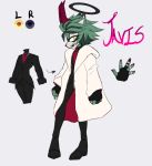  ambiguous_gender bangs black_eye classy clothing eyelashes fingerless_gloves fur girly gloves green_fur halo horn male open_maw red_fingernails ring solo suit teeth trenchcoat vilegrim yellow_eyes 