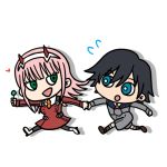  1boy 1girl black_hair black_legwear blue_eyes boots brown_footwear couple darling_in_the_franxx eyebrows_visible_through_hair fringe green_eyes hair_ornament hairband hand_holding hetero hiro_(darling_in_the_franxx) holding_lollipop horns leeseonhwa lollipop long_hair long_sleeves looking_back military military_uniform necktie oni_horns orange_neckwear pantyhose pink_hair red_horns red_neckwear shoes short_hair socks uniform white_footwear white_hairband zero_two_(darling_in_the_franxx) 