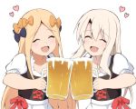  :d ^_^ abigail_williams_(fate/grand_order) alcohol bangs beer beer_mug black_bow blonde_hair blush bow closed_eyes collarbone commentary_request cup dirndl eyebrows_visible_through_hair facing_viewer fate/grand_order fate_(series) foam german_clothes hair_between_eyes hair_bow heart highres holding holding_cup illyasviel_von_einzbern mitchi multiple_girls open_mouth orange_bow parted_bangs puffy_short_sleeves puffy_sleeves red_bow shirt short_sleeves simple_background smile toast_(gesture) white_background white_shirt 