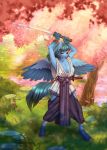  2018 5_fingers anthro beads blue_feathers bracelet breasts cherry_tree chest_tuft cleavage clothed clothing equine eyebrows eyelashes eyes_closed fan_character feathered_wings feathers female flower flower_petals full-length_portrait fully_clothed fur grass hi_res holding_object holding_weapon hooves inner_ear_fluff japanese_clothing jewelry katana mammal margony melee_weapon my_little_pony nature obi outside pegasus petals plant portrait river shadow solo spread_wings standing sword teal_hair tree tuft water weapon wings yukata 