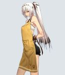  altera_(fate) apron arms_behind_back bandeau bare_shoulders black_shorts breasts cowboy_shot dark_skin fate/grand_order fate_(series) headband i-pan ponytail puffy_shorts red_eyes short_hair shorts simple_background small_breasts solo tattoo veil white_bandeau white_hair 