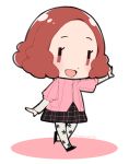  :d blush brown_eyes brown_hair chibi commentary do_m_kaeru floral_print okumura_haru open_mouth pantyhose persona persona_5 pink_sweater plaid plaid_skirt print_legwear ribbed_sweater school_uniform short_hair shuujin_academy_uniform skirt smile solo sweater twitter_username white_legwear 