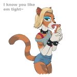  anthro arareroll blonde_hair collar cooch ear_piercing english_text fangs feline female food fur hair hot_dog makeup mammal piercing simple_background solo supermansion text tongue white_background 