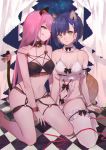  :q absurdres alternate_costume animal_ears bare_shoulders barefoot bell black_bow black_bra black_panties blue_hair bow bra breasts cat_ears cat_tail closed_mouth commentary curtains darling_in_the_franxx eyeshadow fox_ears fox_tail green_eyes hair_ornament hairclip highres ichigo_(darling_in_the_franxx) jingle_bell kemonomimi_mode kneeling leg_garter licking_lips lingerie long_hair looking_at_viewer makeup medium_breasts multiple_girls navel panties parted_lips pink_bow pink_hair red_string seductive_smile short_hair sitting slyvia smile string tail tail_bow thighhighs tile_floor tiles tongue tongue_out underwear underwear_only wariza white_bra white_legwear white_panties wristband zero_two_(darling_in_the_franxx) 
