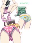  ass back-print_panties blue_panties brown_hair clothes_writing english green_shirt heart heart_panties heart_print leaning_forward low_twintails multiple_girls no_pants original panties pink_footwear pink_panties pink_shorts polka_dot polka_dot_shorts print_panties print_shirt sandals shirt short_shorts short_twintails shorts squatting star star_panties star_print striped striped_shirt sushoyushi twintails twitter_username underwear white_background white_panties white_shirt yellow_shirt 