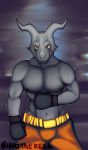  2018 4_horns black_fur black_nipples blurred_background boxing boxing_gloves clothed clothing demon digital_media_(artwork) fangs fighting_ring fur horn hybrid hyena kazthekeel legwear looking_at_viewer male mammal mastectomy_scars midriff multi_horn muscular muscular_male navel nipples signature solo sport standing topless visibly_trans yellow_eyes 