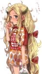  1girl blonde_hair bosako_(haguhagu) eating female food haguhagu_(rinjuu_circus) horns long_hair low-tied_long_hair messy_hair no_pants original solo t-shirt very_long_hair 