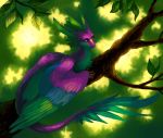  2011 blue_feathers detailed_background digital_media_(artwork) dragon feathered_dragon feathers feral green_eyes green_feathers neboveria purple_feathers solo 