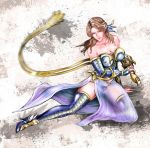  1girl breasts brown_hair chinese_dress cleavage corset gloves hair_ornament heels large_breasts panties sash shin_sangoku_musou thick_thighs thighhighs transparent_skirt vambraces weapon whip_sword zhang_chunhua 