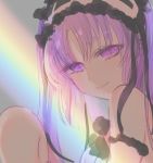  bangs bare_shoulders black_ribbon close-up commentary_request fate/hollow_ataraxia fate_(series) galibo hairband lolita_hairband long_hair looking_at_viewer purple_eyes purple_hair rainbow ribbon shadow smile solo stheno twintails 