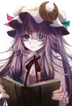  bags_under_eyes blue_eyes blue_ribbon book breasts cleavage commentary_request crescent crescent_hair_ornament dress eyebrows_visible_through_hair eyes_visible_through_hair hair_between_eyes hair_ornament hair_ribbon hat hat_ribbon highres holding holding_book long_hair long_sleeves looking_at_viewer maho_moco messy_hair mob_cap neck_ribbon patchouli_knowledge purple_dress purple_hair purple_hat red_neckwear red_ribbon ribbon sidelocks simple_background solo striped touhou upper_body vertical-striped_dress vertical_stripes white_background wing_collar 